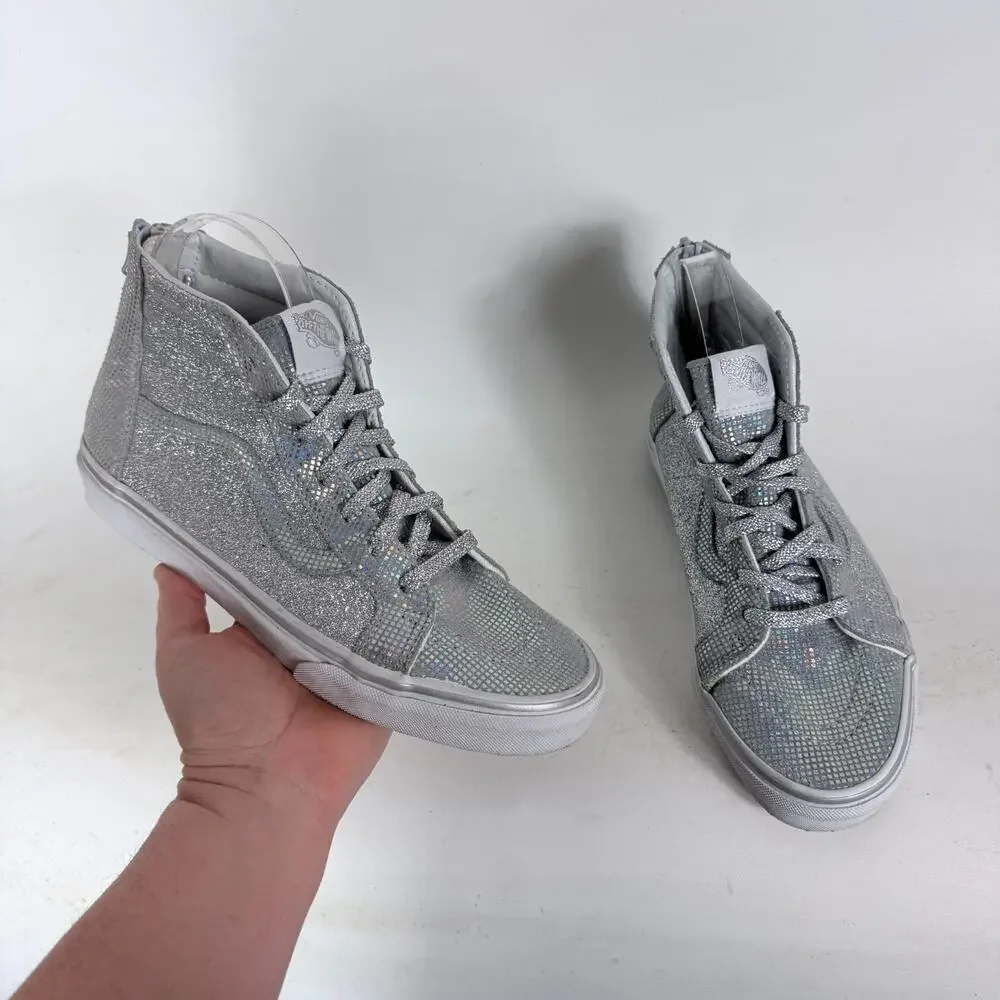 VANS Sk8-Hi Sneakers Kids 6.5 Silver Glitter Leather Lace-Up High-Top Casual
